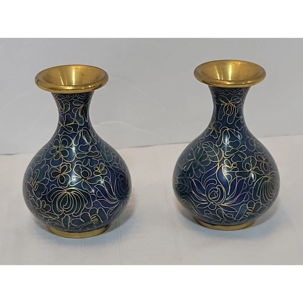 Pair Vintage Chinese Cloisonne Brass Vases Multi ‎ Color Blue And Gold Swirl
